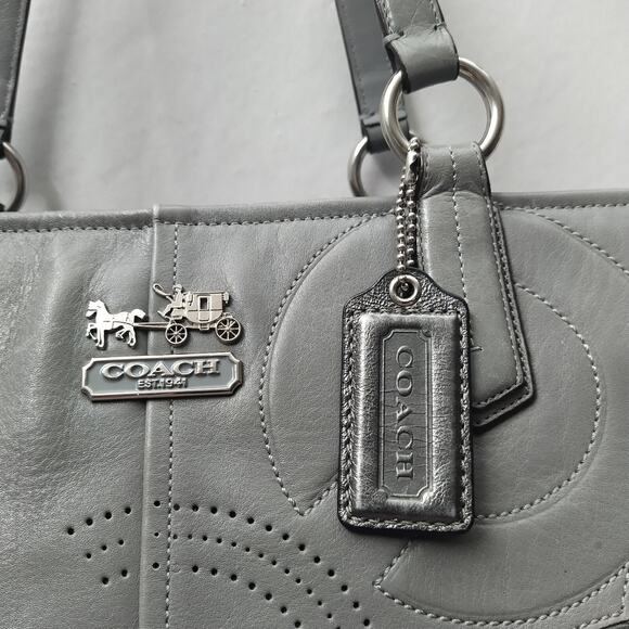 Coach Chelsea Inlaid Gray Leather Charlie Double Handles Zipper Tote Bag - Picture 5 of 16